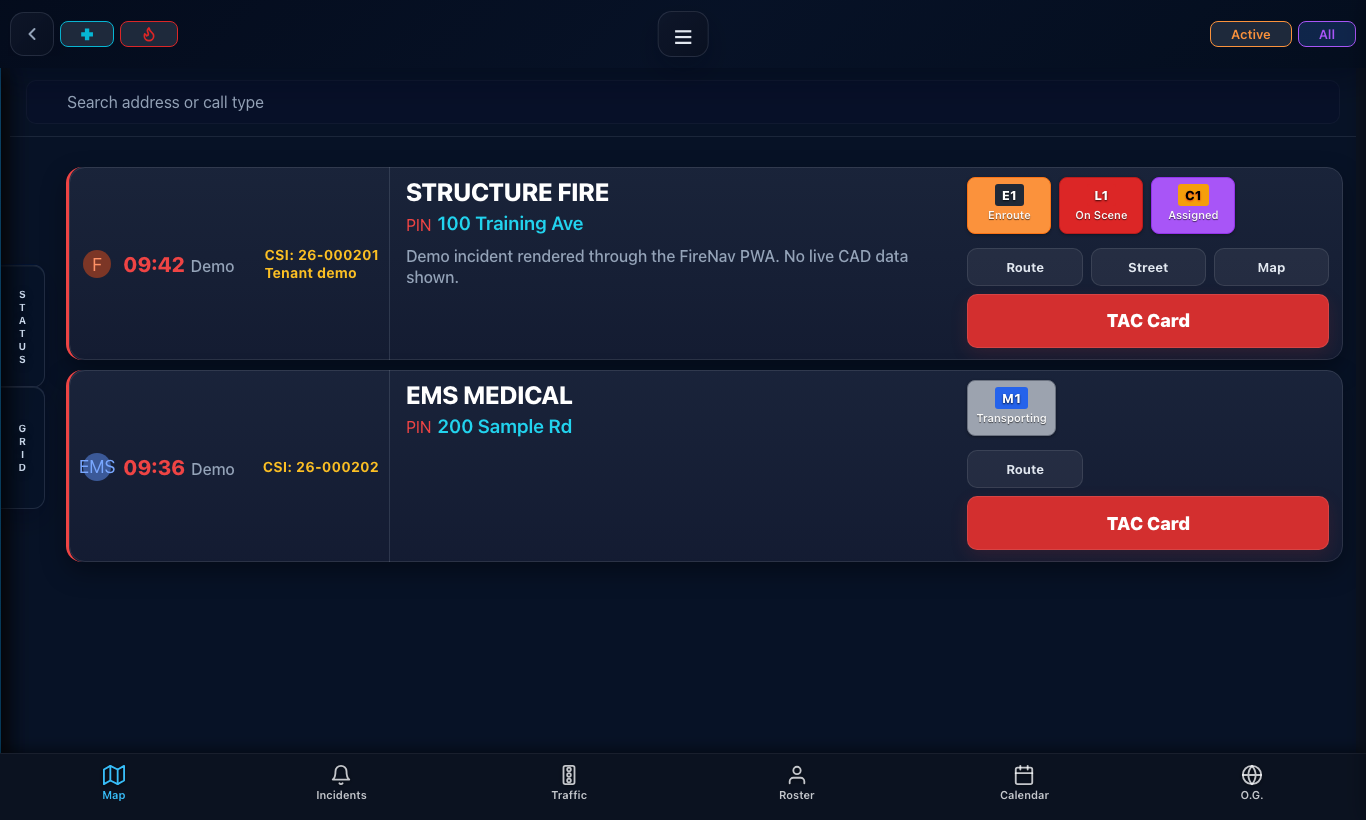 Actual FireNav PWA incident view on desktop