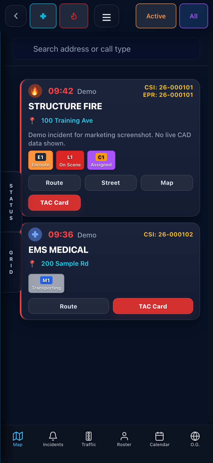 Actual FireNav phone incident screen with fictional calls