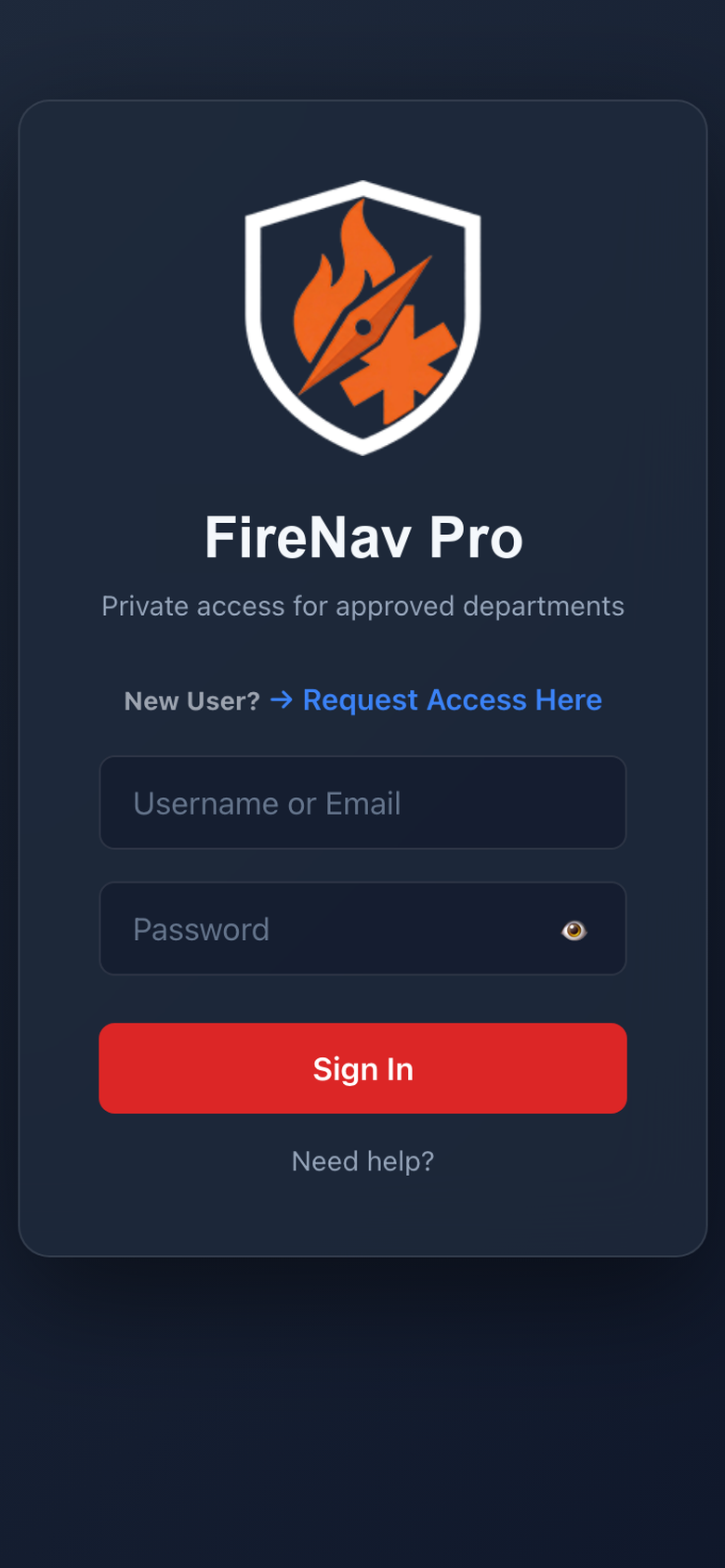 Actual FireNav Pro private login screen