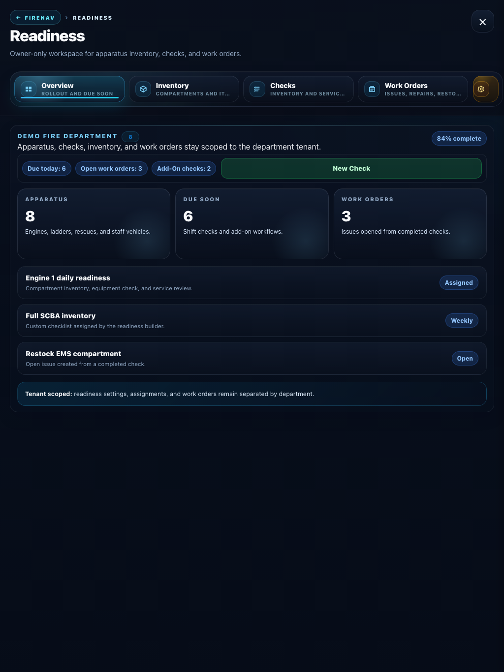 FireNav Readiness screen showing fictional apparatus and checks
