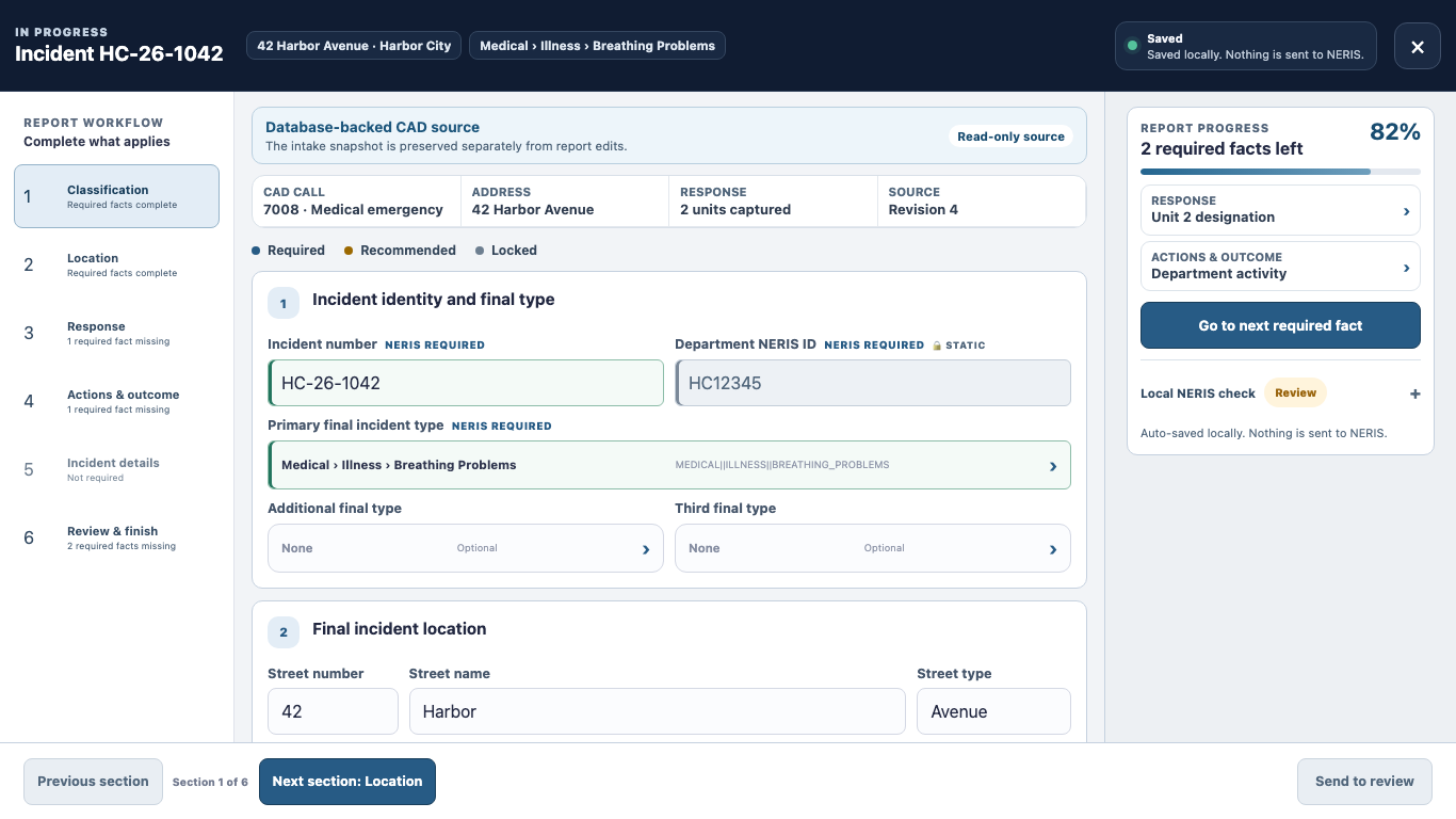 FireNav incident RMS workflow with a fictional Harbor City record